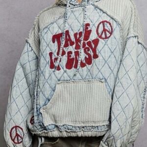 POL TAKE IT EASY/PEACE Hoodie, Quilted Denim/Knit, NWOT, S, EPIC Find❤️☮️